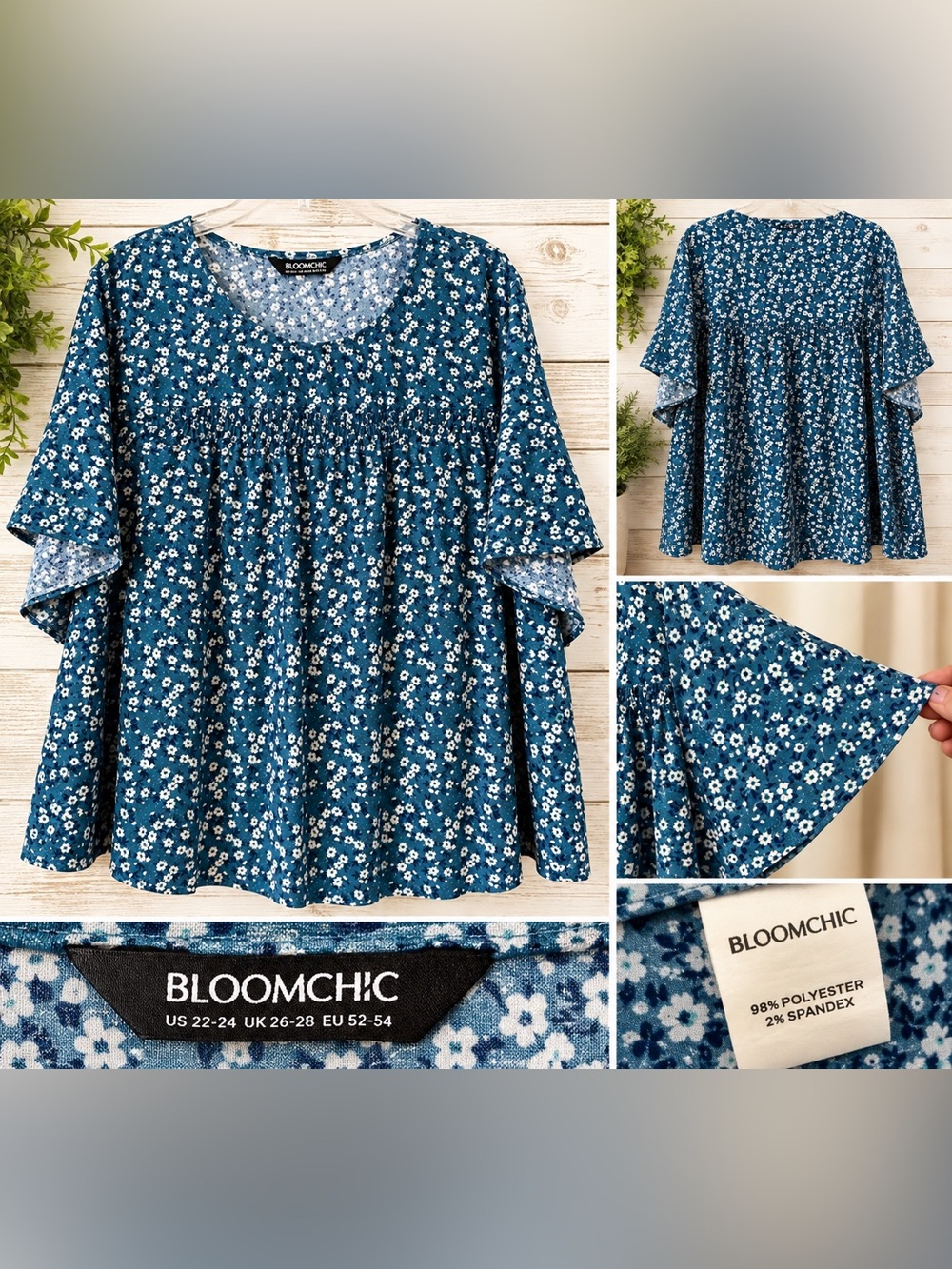 BloomChic Blue Floral Ruffle Sleeve Peasant Top
